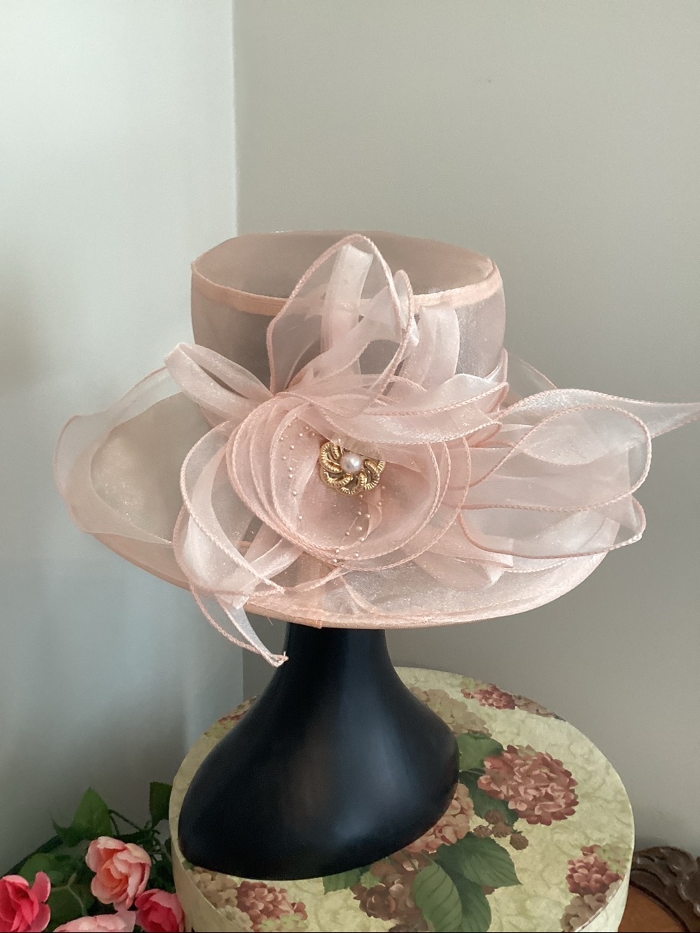Elegant Organza Blush Organza Wide-Brim Hat Tea Parties, Horse Derby’s - Picture 4 of 9
